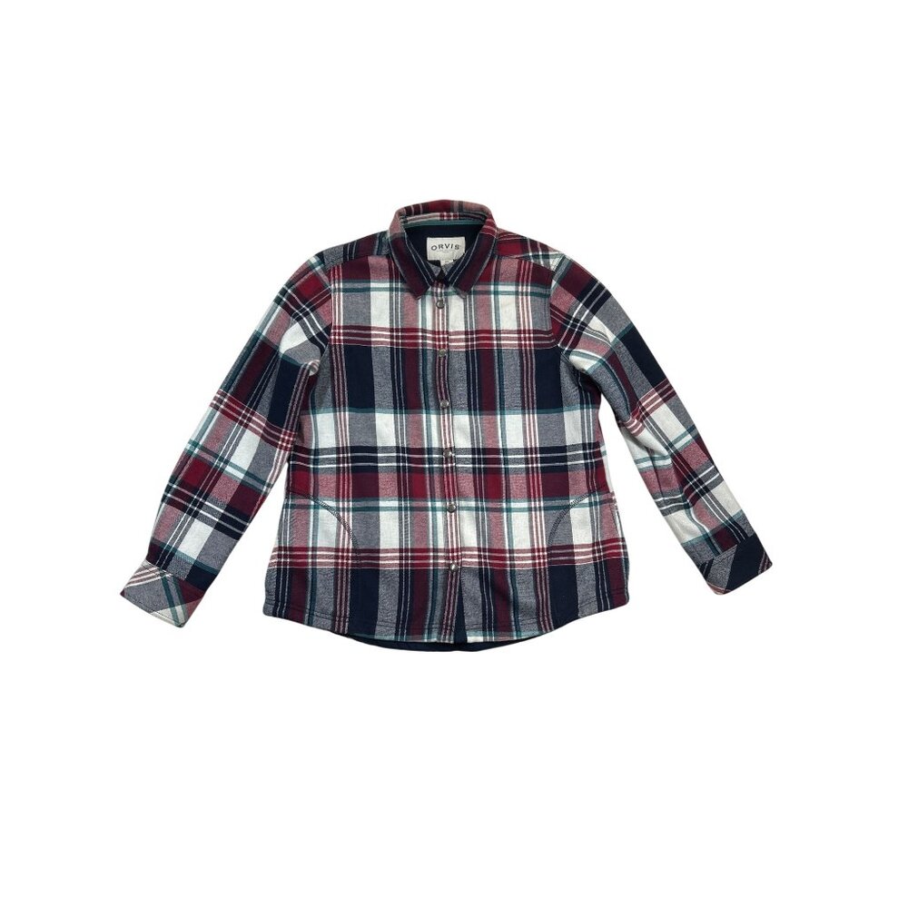 Orvis Flannel Shirt Womens Large Blue Red Plaid Shacket Lined
